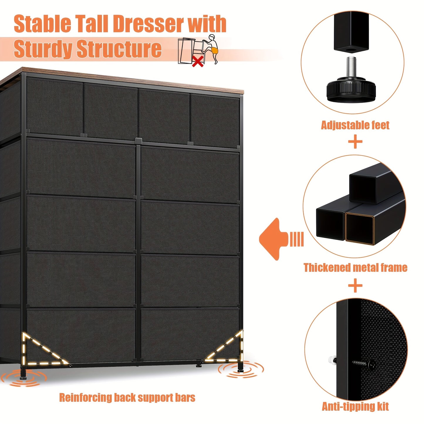 12-Drawer Rustic Brown Fabric Dresser with Wood Top and Metal Frame for Bedroom and Living Room