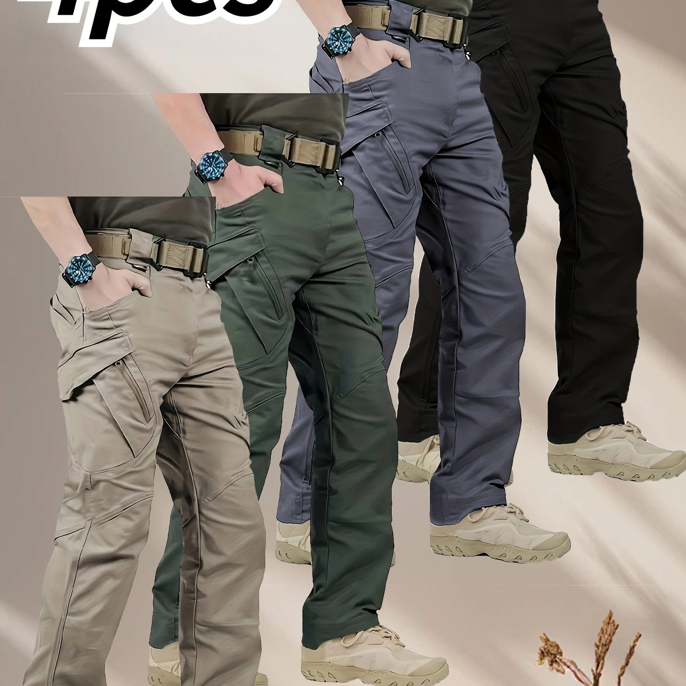 4 Pairs Men's High Performance Tactical Cargo Pants Durable Tear Resistant Fabric Multi Pocket Design All Season Regular Fit for Outdoor Hiking Camping Training and Construction Work