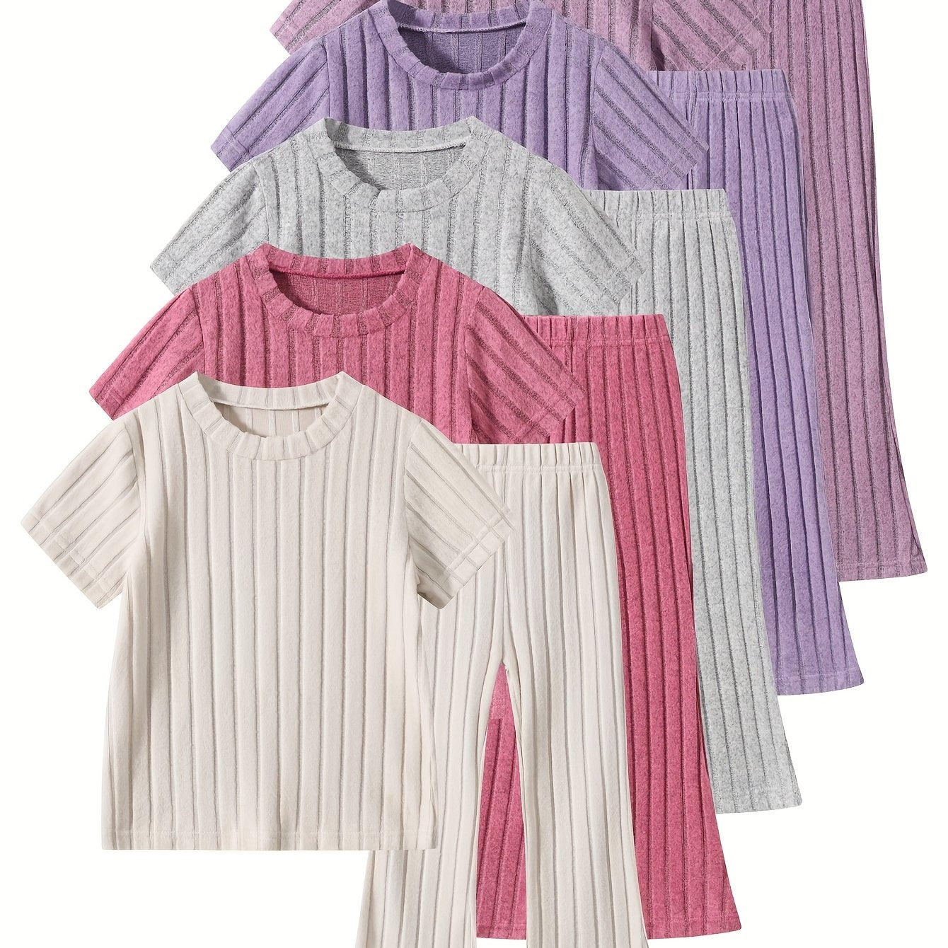 10pcs, Girls Knit Short Sleeve Top Solid Color with Flared Pants Summer Pretty Casual Set, Perfect for Outdoor