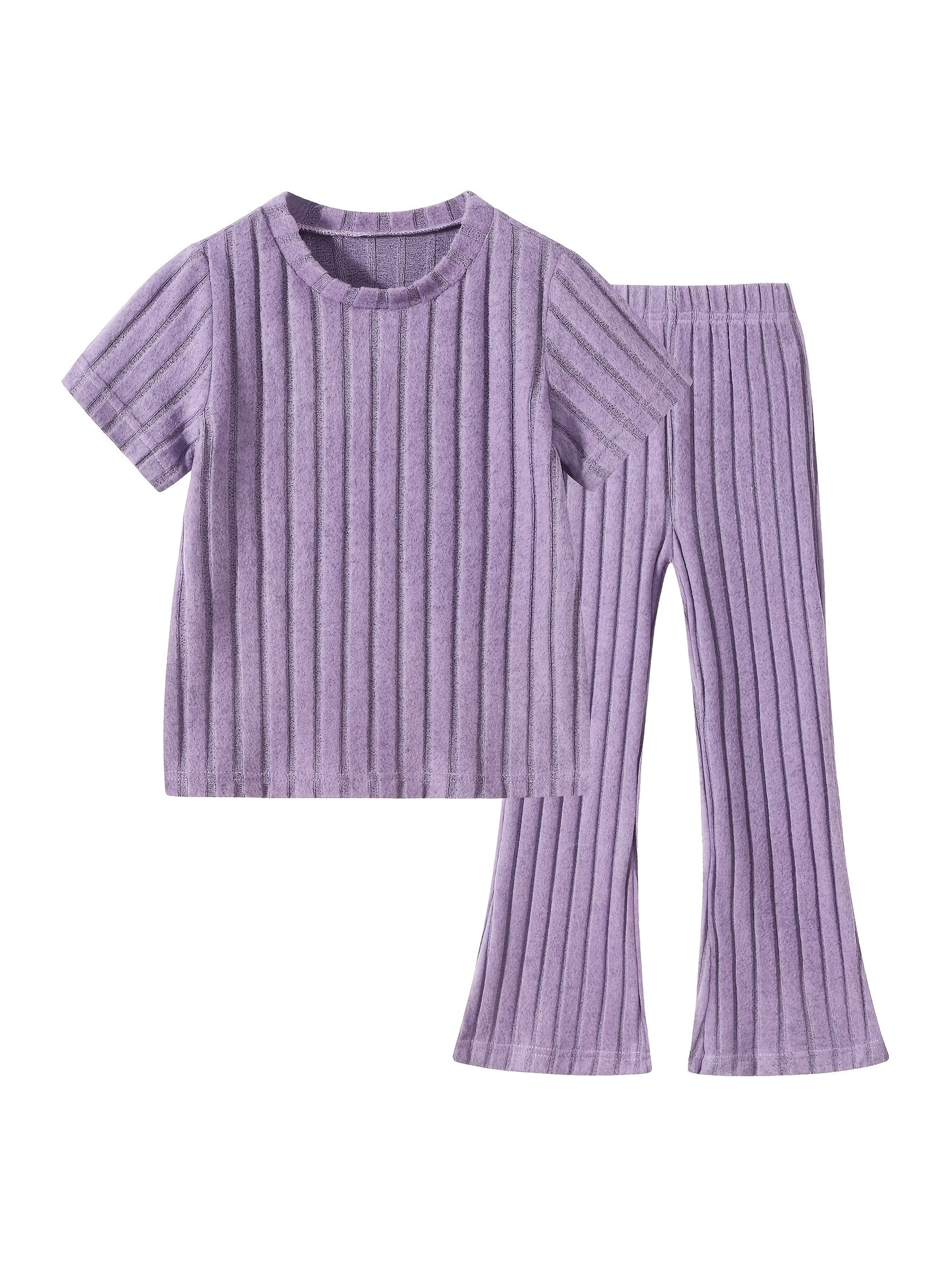 10pcs, Girls Knit Short Sleeve Top Solid Color with Flared Pants Summer Pretty Casual Set, Perfect for Outdoor