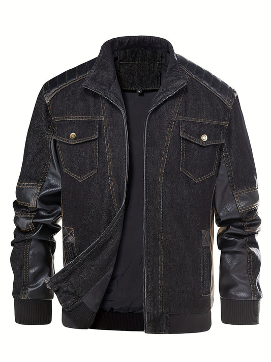 Men'S Denim Jacket Patchwork Faux Leather Motorcycle Jacket Slim Fit Biker Coat With Stand Collar