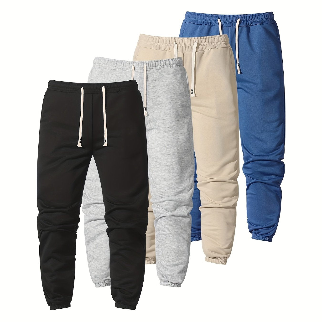 4pcs Set Of Mens Solid Color Regular Fit Cuffed Sweatpants - Soft Slight Stretch Polyester Fabric, Drawstring Waist, Multiple Pockets, Machine Washable - Perfect for Jogging, Outdoors Sports And Casual Wear