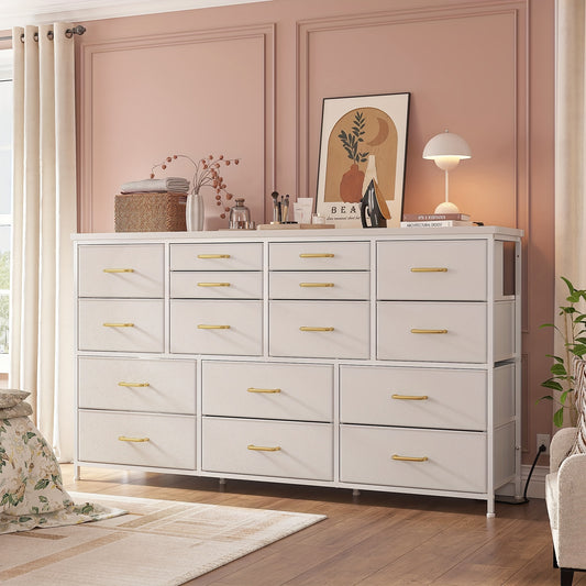 Dresser TV Stand With Power Outlet & USB White Dresser For Bedroom With 16 Drawers TV Stands For Living Room TV Stand With Storage For Bedroom, Media TV Console Table 51.1''W*11.8''D*34.8''H