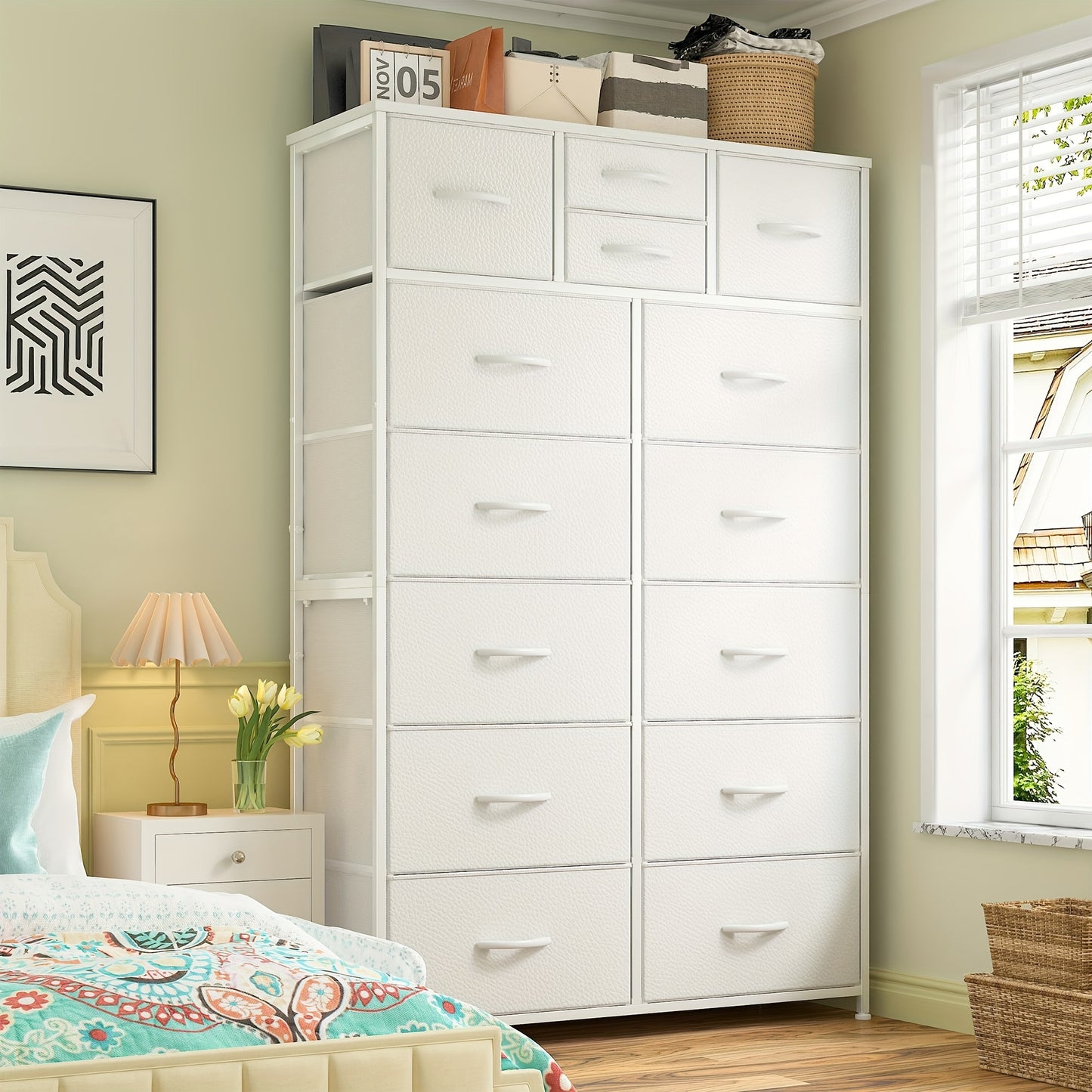 14-Drawer Tall Dresser with Metal Frame & Wood Top - 52" H Freestanding Storage Cabinet for Bedroom, Living Room, Entryway - Easy Assembly, No Power Needed, 11.8" D x 37" W, Tall Dresser for Bedroom, Home Organization, Contem