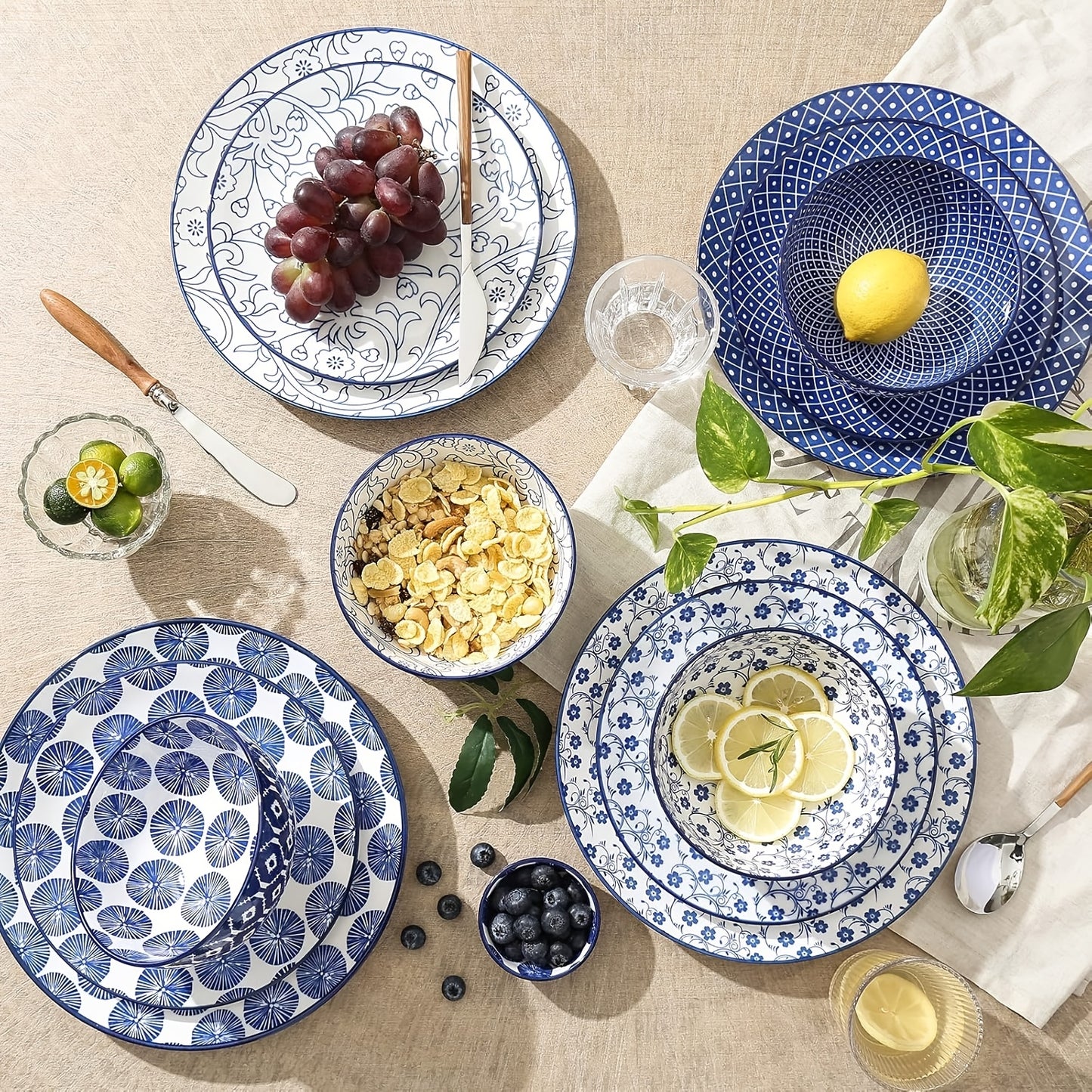 12 or 24 Pieces Ceramic Dinnerware Set Blue and White Porcelain Plates and Bowls Dishwasher Microwave and Oven Safe Scratch Resistant Healthy Tableware for Restaurant and Home Kitchen Elegant Gift for Valentines and Weddings