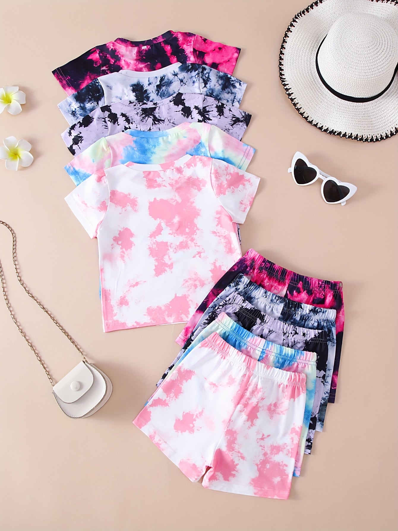 10pcs Women'S Casual Tie-Dye Print Knit Shorts and T-Shirt Set - Soft & Comfortable Polyester Blend, Short Sleeve Tops with Round Neck, Shorts with Elastic Waistband, Perfect for Outdoor Activities, Outdoor Clothing | Vibrant