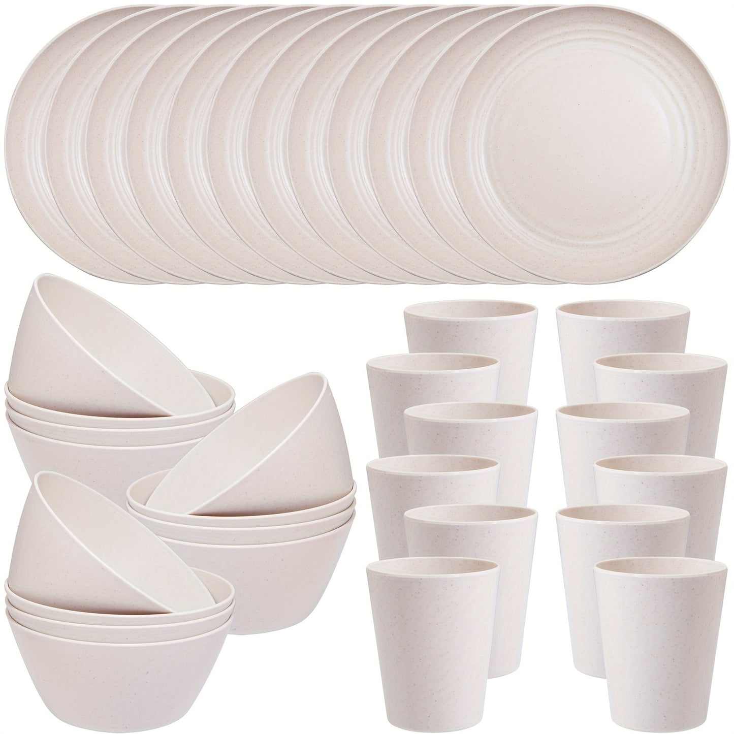 36 Piece Wheat Straw Dinnerware Set of 12 Reusable Plastic Beige Plates and Bowls Unbreakable Camping Dinnerware Set