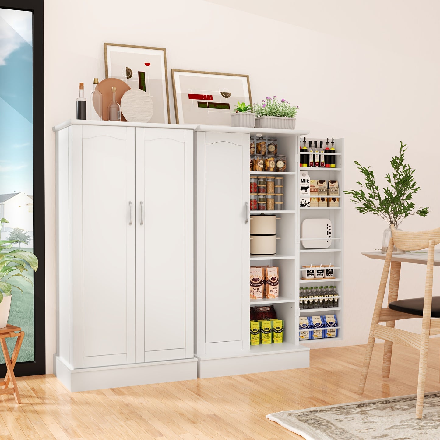 [47" Farmhouse Pantry] 47" White Freestanding Pantry Cabinet with Adjustable Shelves & Doors | Farmhouse Style Kitchen Storage Organizer, 10 Shelves, Durable Wood Construction, No Electricity Needed