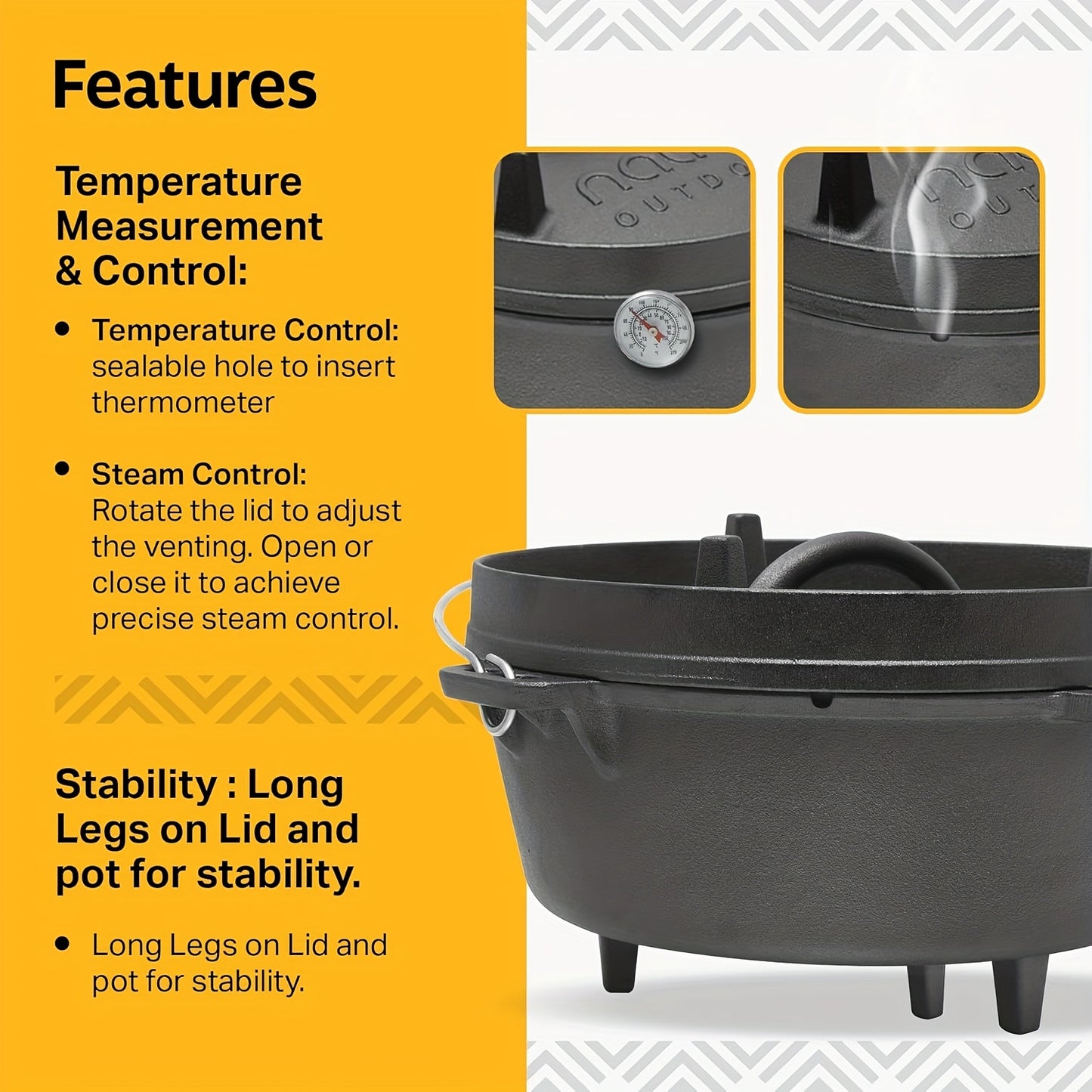 Nativo 6 Quart Cast Iron Dutch Oven Pot Pre Seasoned Outdoor Cookware with Legs and Reversible Grill Lid Camping Dutch Oven for Outdoor Cooking Over Fire Coals