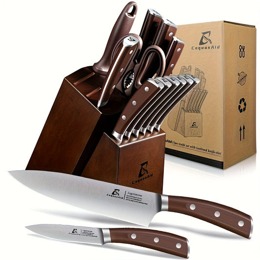 15 Piece Kitchen Knife Block Set with 15 Degree Beveled Easy Insert and Sharpener German Stainless Steel Black Countertop-Free Steak Knives
