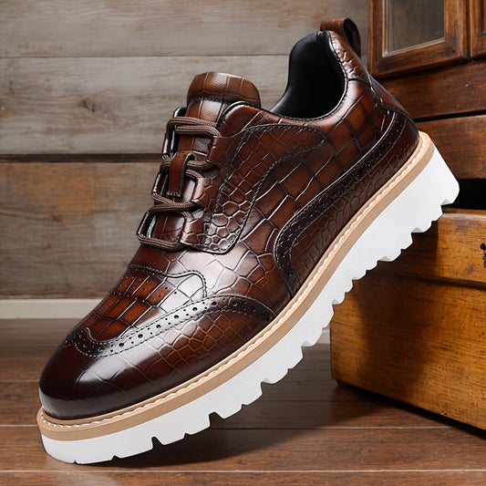 [Crocodile Pattern Leather Shoes] Plus Size Men's Crocodile Patterned Leather Shoes | Round Toe, Comfortable Non-Slip Rubber Sole, Low-Cut, Animal Print, Retro Street Style | Suitable for Weddings, Banquets, Parties, Spring,