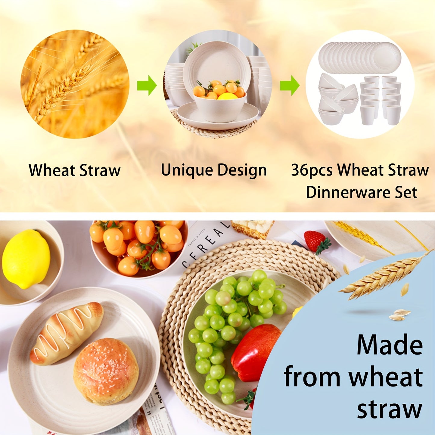 36 Piece Wheat Straw Dinnerware Set of 12 Reusable Plastic Beige Plates and Bowls Unbreakable Camping Dinnerware Set
