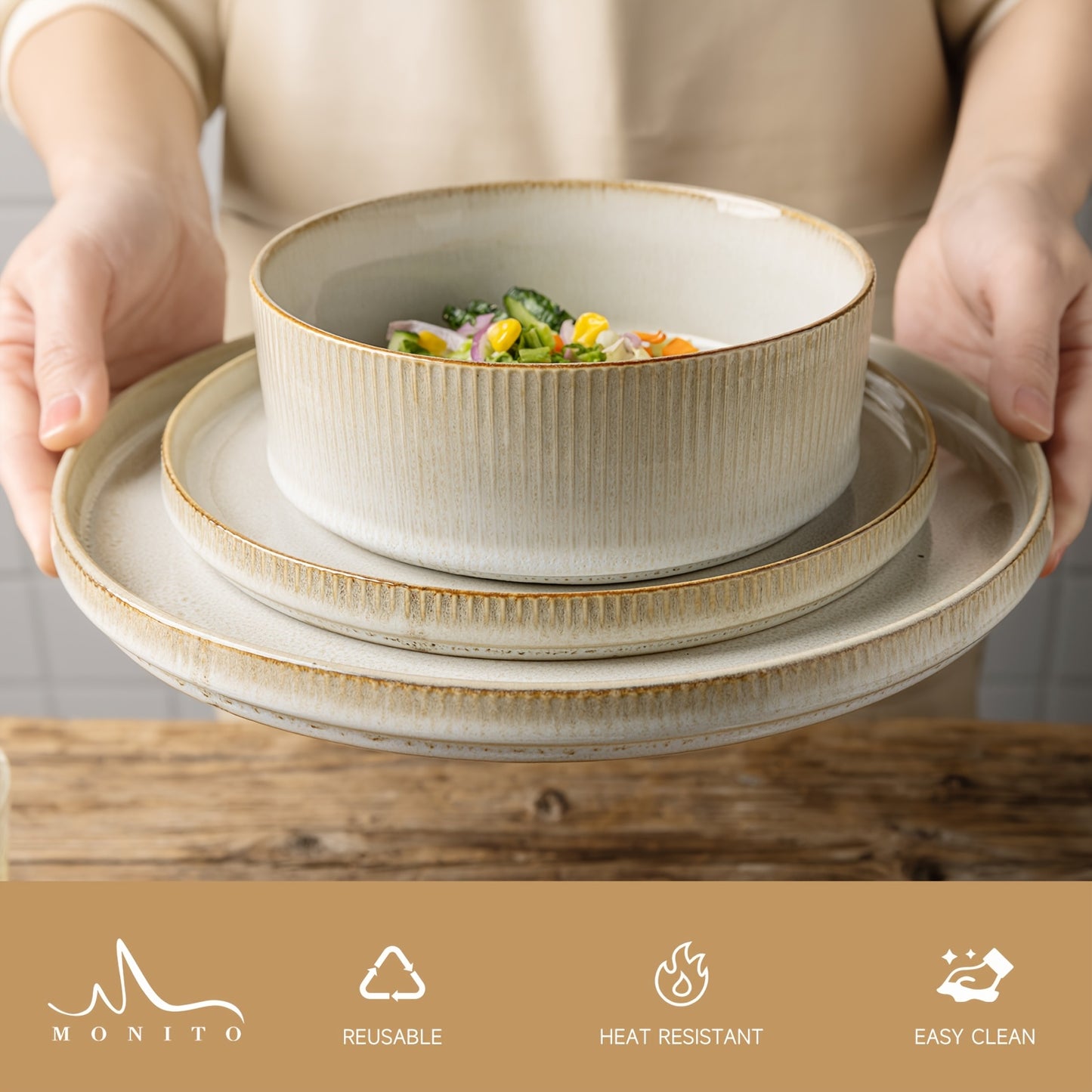 16 Pieces Beige Striped Ceramic Dinnerware Set European Classical Style Tableware Relief Bowl Soup Bowl Plate Stoneware Modern High-End Elegant Exquisite Suitable for Parties Weddings Family Dinners