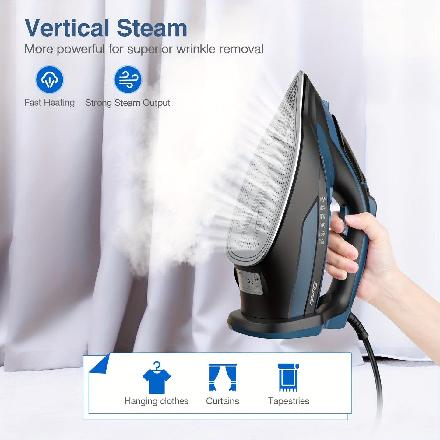 [Steam Iron] Powerful Steam Iron, Stainless Steel Soleplate Iron With Retractable Cord | Auto-off, Anti-Drip, Ironing, Clothes Iron