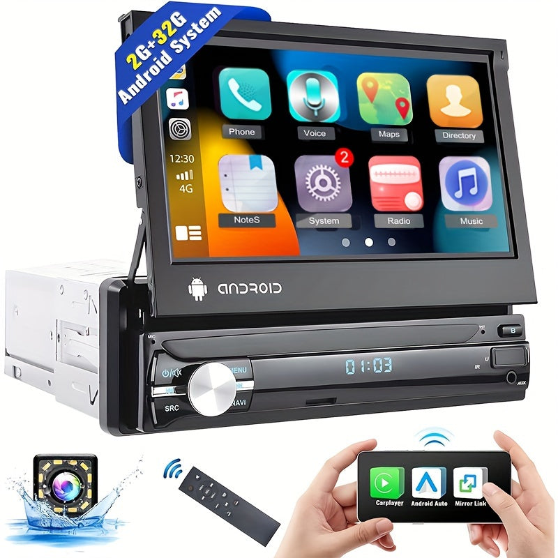 Podofo 2G 32G Single Din Android Car Stereo With Wireless CarPlayer Android Auto 7 Inch Flip Out Touch Screen GPS Navigation Wireless WiFi Head Unit FM Mirror Link Video Out DVR SWC+ Backup Camera
