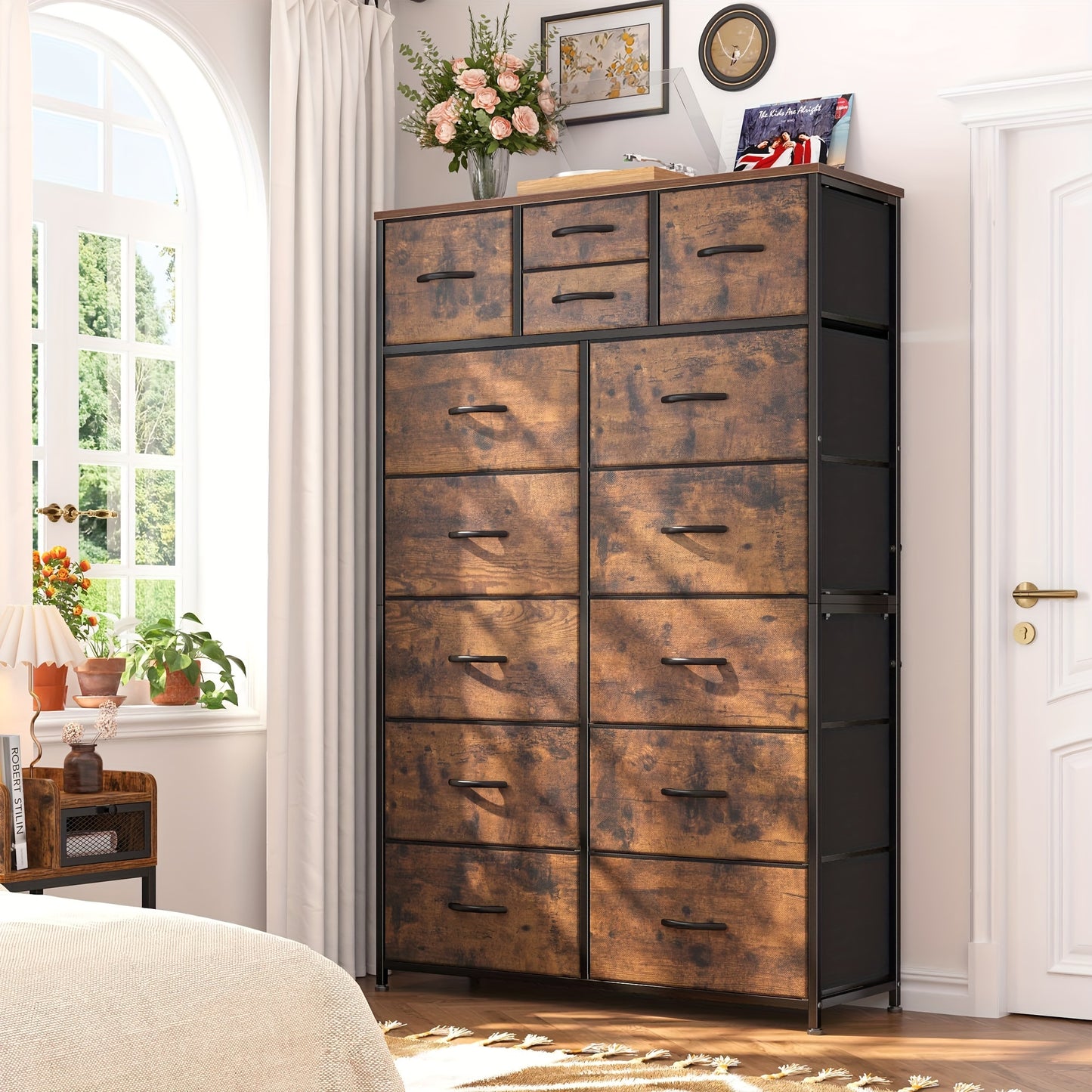 14-Drawer Tall Dresser with Metal Frame & Wood Top - 52" H Freestanding Storage Cabinet for Bedroom, Living Room, Entryway - Easy Assembly, No Power Needed, 11.8" D x 37" W, Tall Dresser for Bedroom, Home Organization, Contem