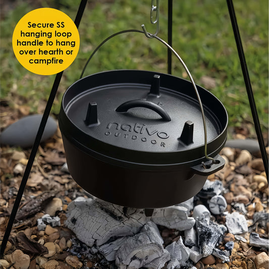 Nativo 6 Quart Cast Iron Dutch Oven Pot Pre Seasoned Outdoor Cookware with Legs and Reversible Grill Lid Camping Dutch Oven for Outdoor Cooking Over Fire Coals