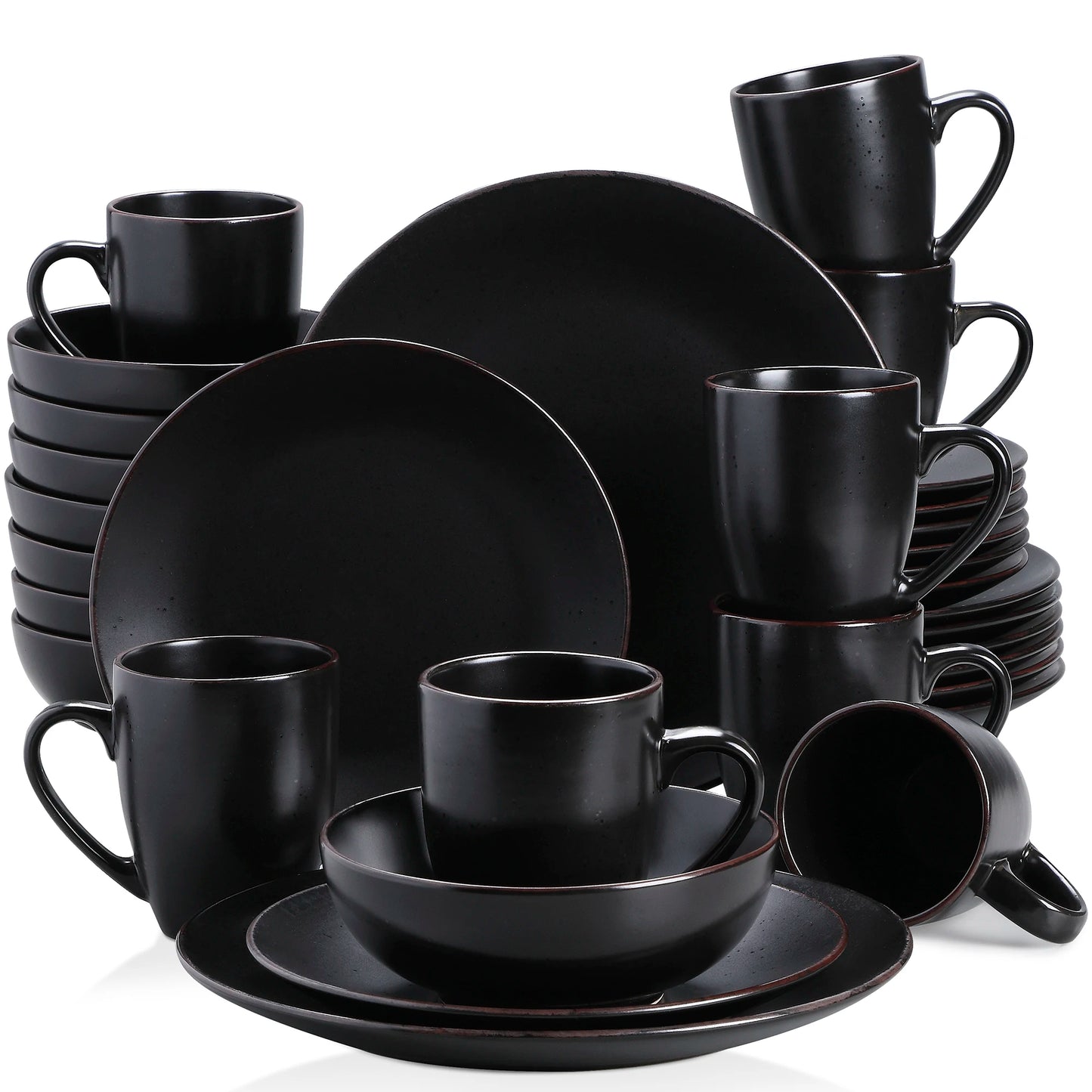 Vancasso Moda Series 16/32/48 Piece Pottery Dinner Set Black Stoneware Tableware with Dinner Plates Dessert Plates Bowls and Cups