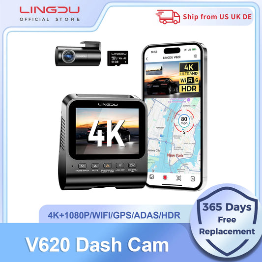 Lingdu Dash Cam V620 Front and Rear Car Camera 4K 1080P 60FPS Car DVR GPS Wi Fi ADAS Voice Control Parking Mode