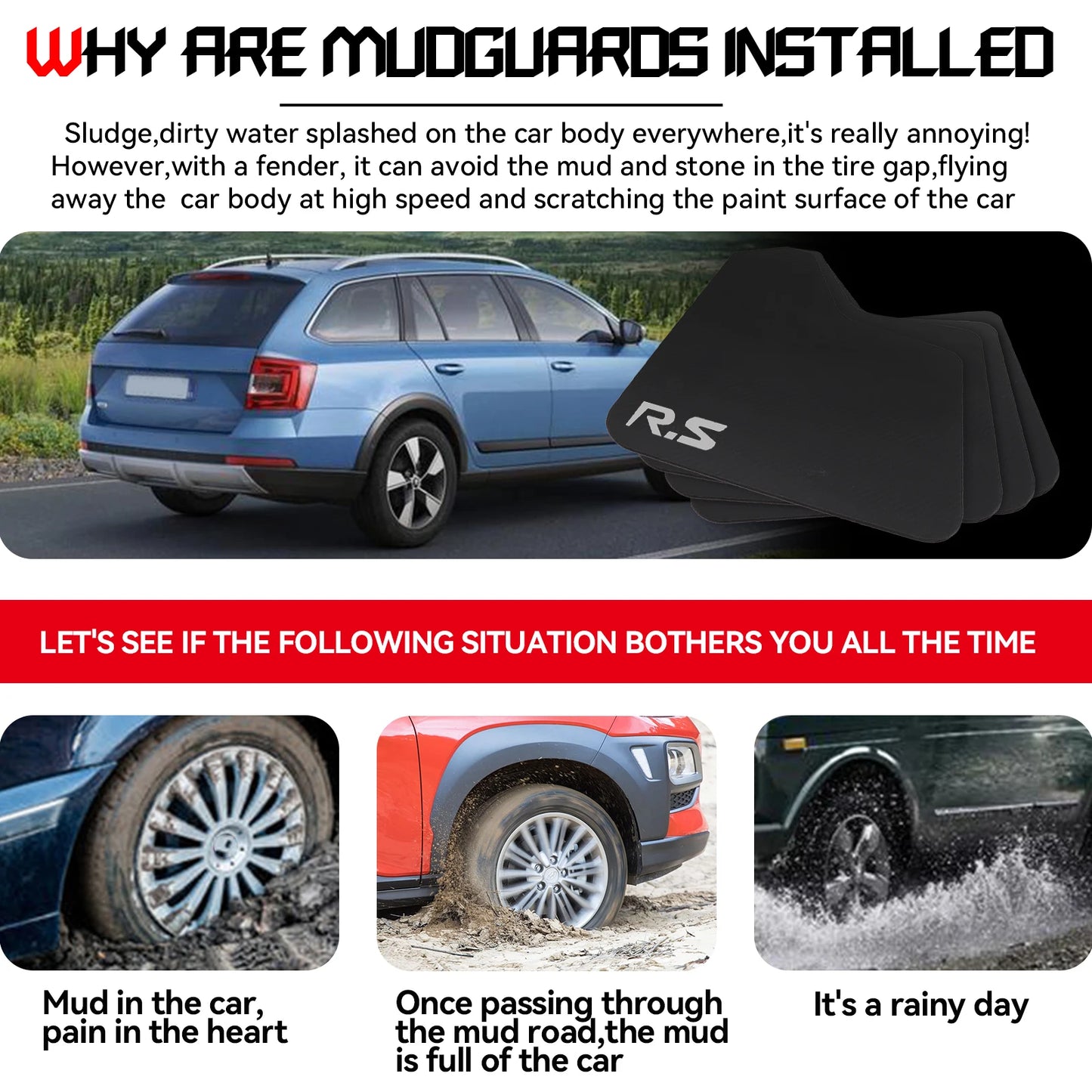 Universal Rally Style Mud Flaps fits most Cars Light Trunks and SUVs  in Red or Black