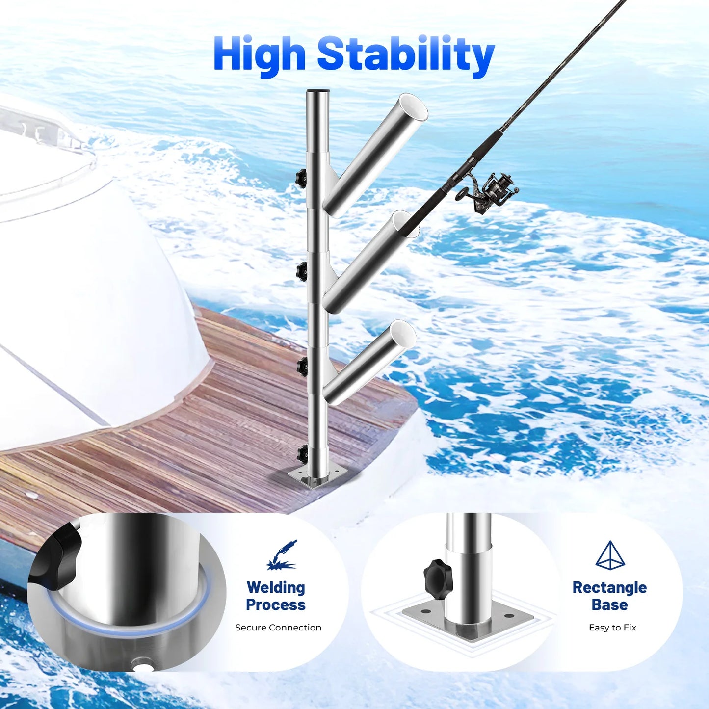 76cm Stainless Steel Triple Clamping Rod Large Capacity 360 Degree Rotation Fishing Boat Yacht Rod Holder