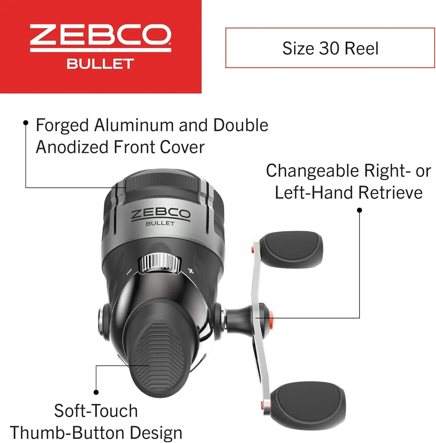 Size 30 Fishing Reel Fast 29.6 Inches Per Turn GripEm All Weather Handle Knobs Pre Spooled with 10 Pound Zebco Fishing Line Black