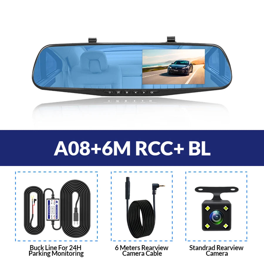 E-ACE Dash Cam 4.3 Inches Car DVR Rearview Mirror Driving Recorder Dual Lens Front and Rear Camera Black Box