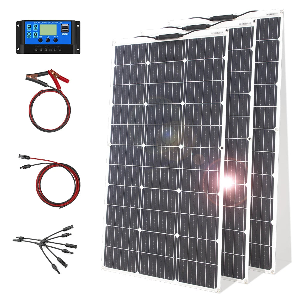 12V Flexible Solar Panel Kit 100W 200W Monocrystalline Waterproof Controller for RV Camping Outdoor