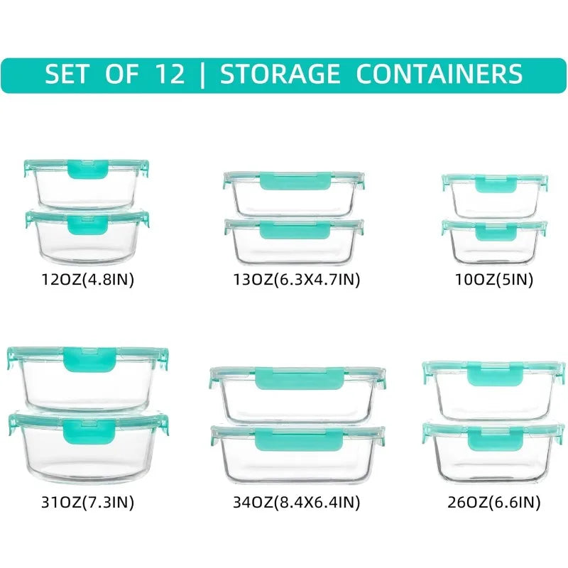 12 Pack Glass Storage Containers with Lids Leak Proof Meal Prep Containers Dishwasher Microwave Safe Mint Green
