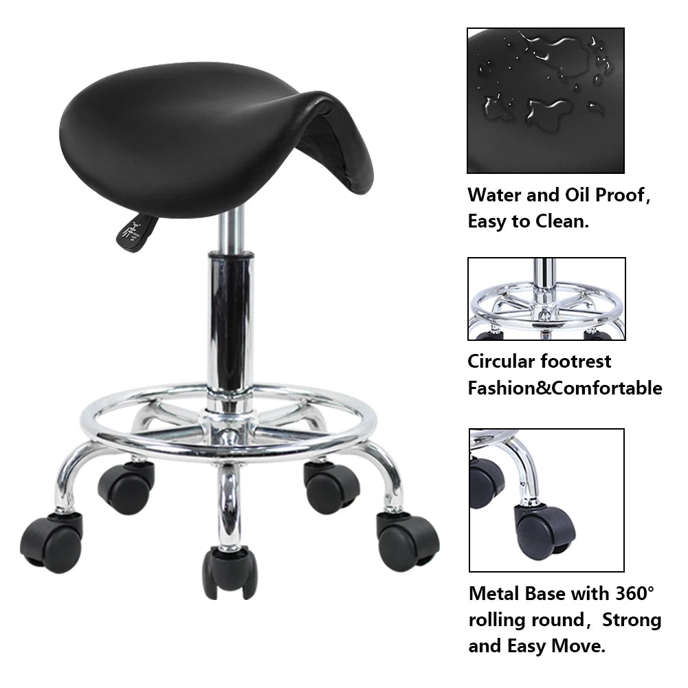 Rolling Saddle Stool  Leather Swivel Adjustable Black