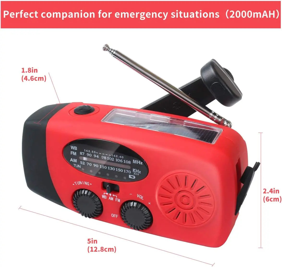 2000mAh Emergency Crank Weather Radio with LED Flashlight Portable AM FM NOAA Solar Radio with Phone Charger SOS Alert