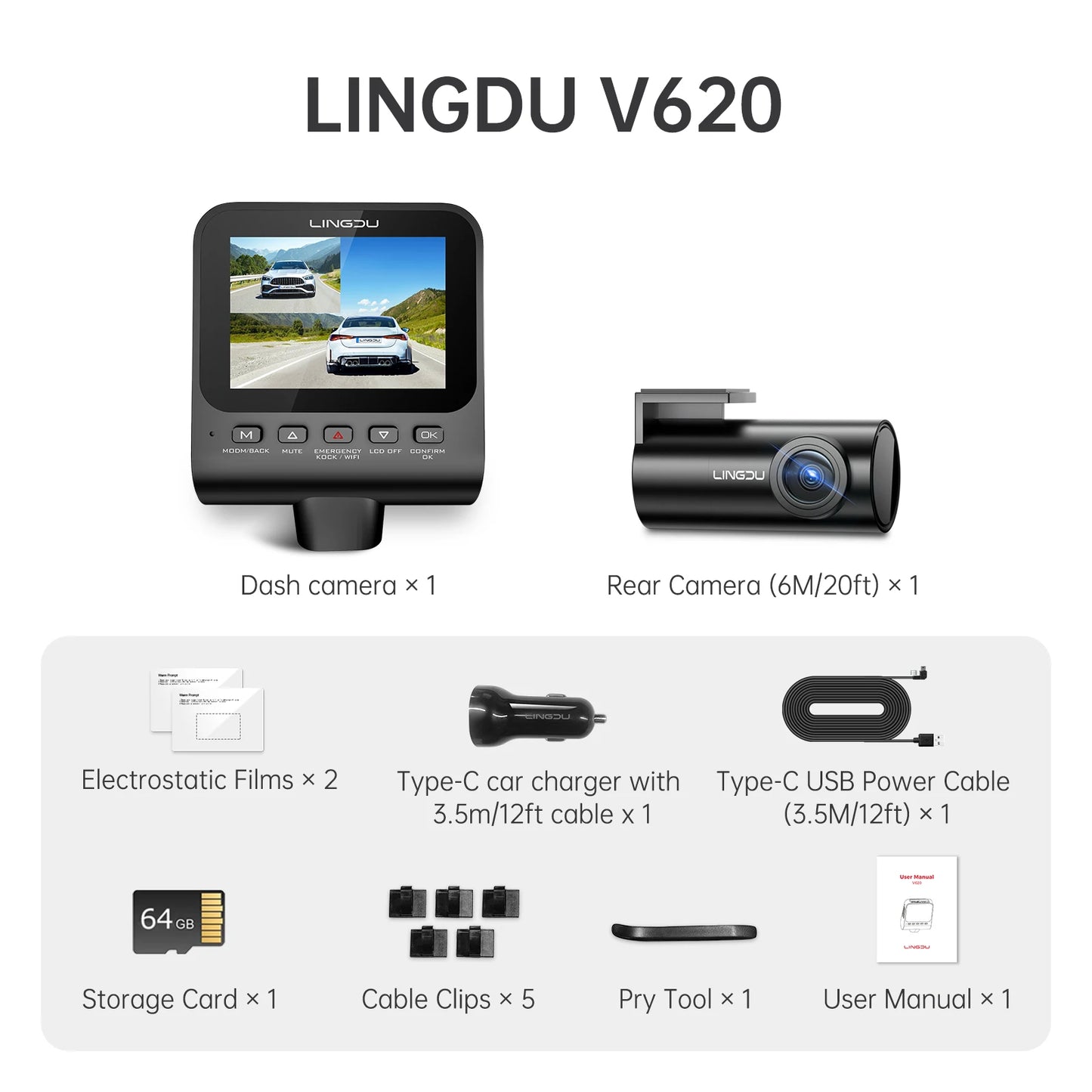 Lingdu Dash Cam V620 Front and Rear Car Camera 4K 1080P 60FPS Car DVR GPS Wi Fi ADAS Voice Control Parking Mode
