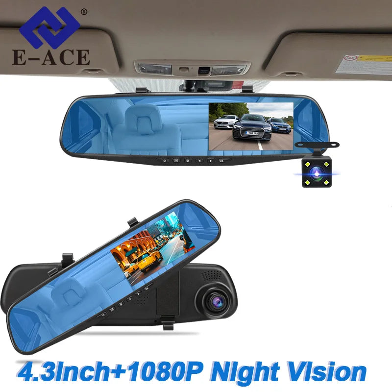 E-ACE Dash Cam 4.3 Inches Car DVR Rearview Mirror Driving Recorder Dual Lens Front and Rear Camera Black Box
