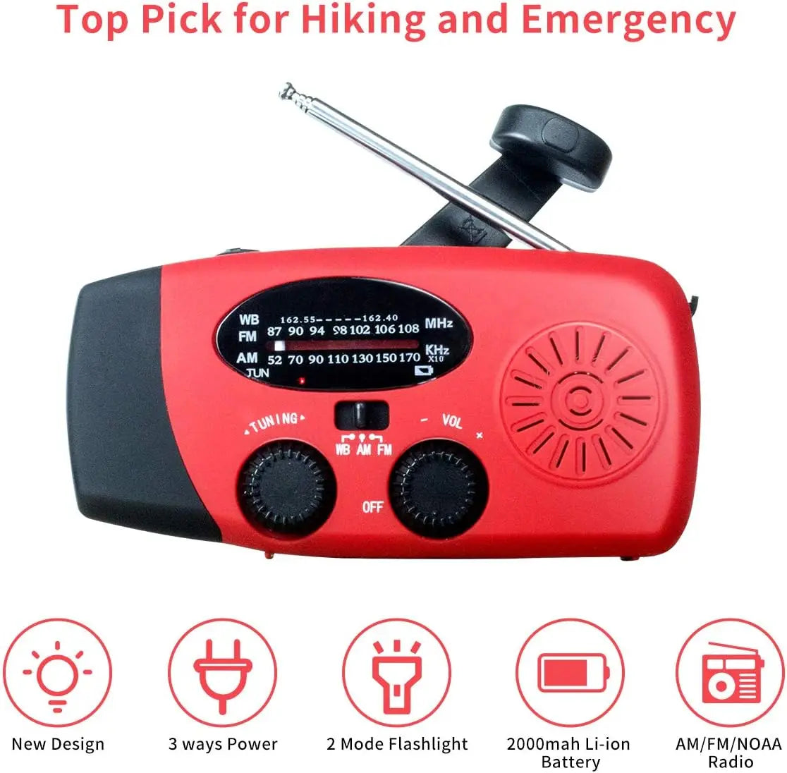 2000mAh Emergency Crank Weather Radio with LED Flashlight Portable AM FM NOAA Solar Radio with Phone Charger SOS Alert