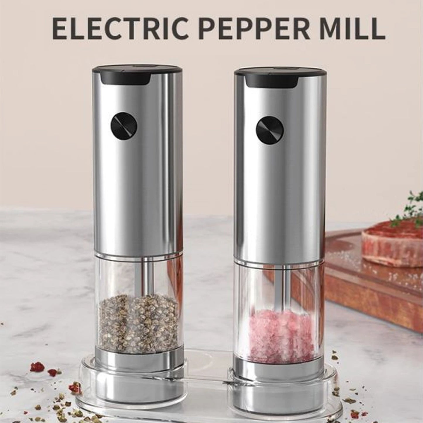 Electric Salt and Pepper Grinder Set 2 Pack with Base and Washable 95ml Container Rechargeable Automatic Mills