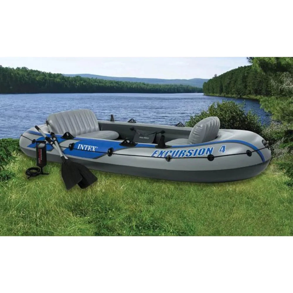 Excursion 4 Inflatable 4 Person Fishing Boat Raft Set with Motor Mount Kit for Rivers and Lakes