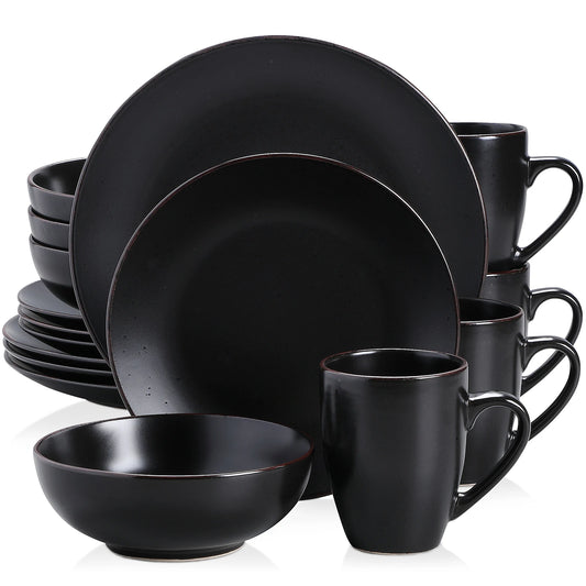 Vancasso Moda Series 16/32/48 Piece Pottery Dinner Set Black Stoneware Tableware with Dinner Plates Dessert Plates Bowls and Cups