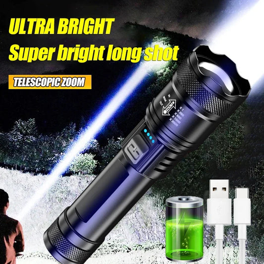 Powerful LED Flashlight with Battery Display USB Rechargeable Telescopic Zoom Torch Lamp for Outdoor Camping and Fishing