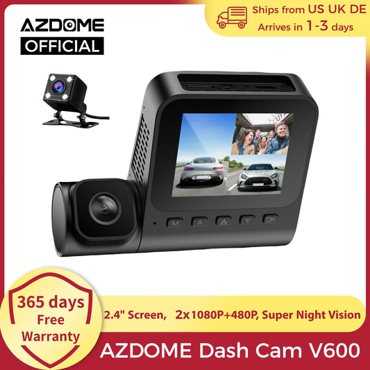 AZDOME Dash Cam V600 2.4 Inch Screen Dual 1080P and 480P Car Camera G Sensor Super Night Vision Car DVR 24 Hour Parking Mode with Support for Rear Camera