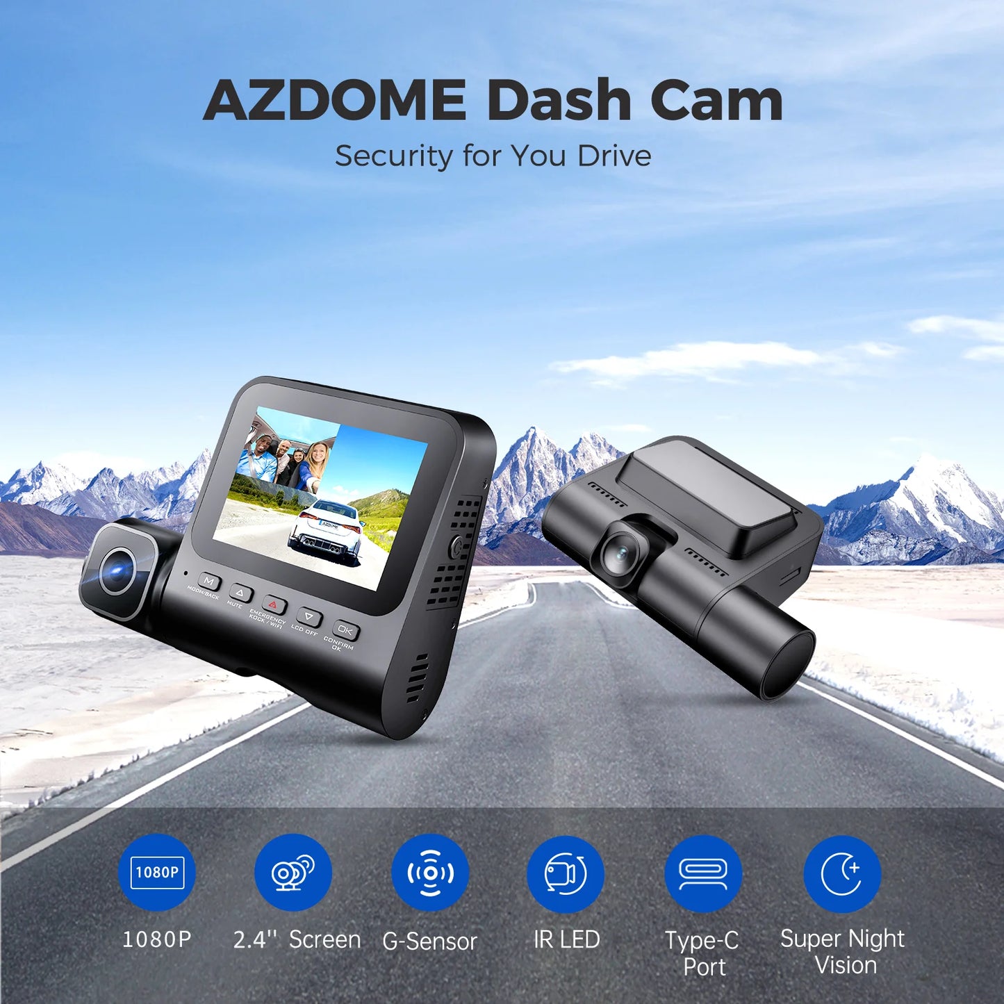 AZDOME Dash Cam V600 2.4 Inch Screen Dual 1080P and 480P Car Camera G Sensor Super Night Vision Car DVR 24 Hour Parking Mode with Support for Rear Camera