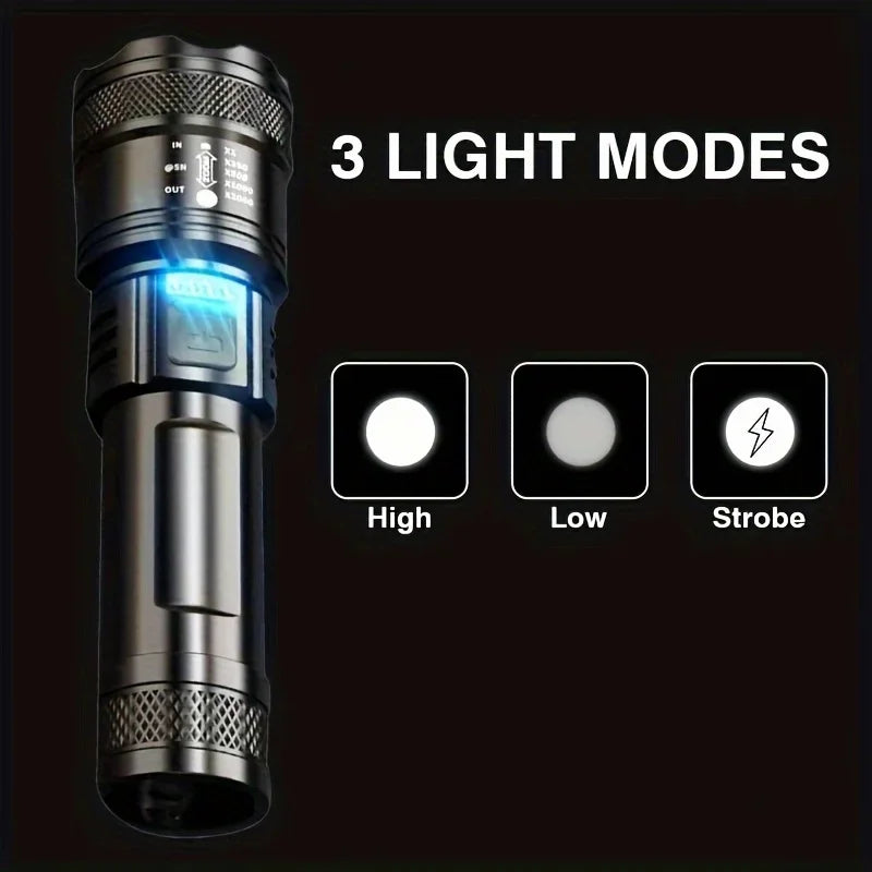 Powerful LED Flashlight with Battery Display USB Rechargeable Telescopic Zoom Torch Lamp for Outdoor Camping and Fishing