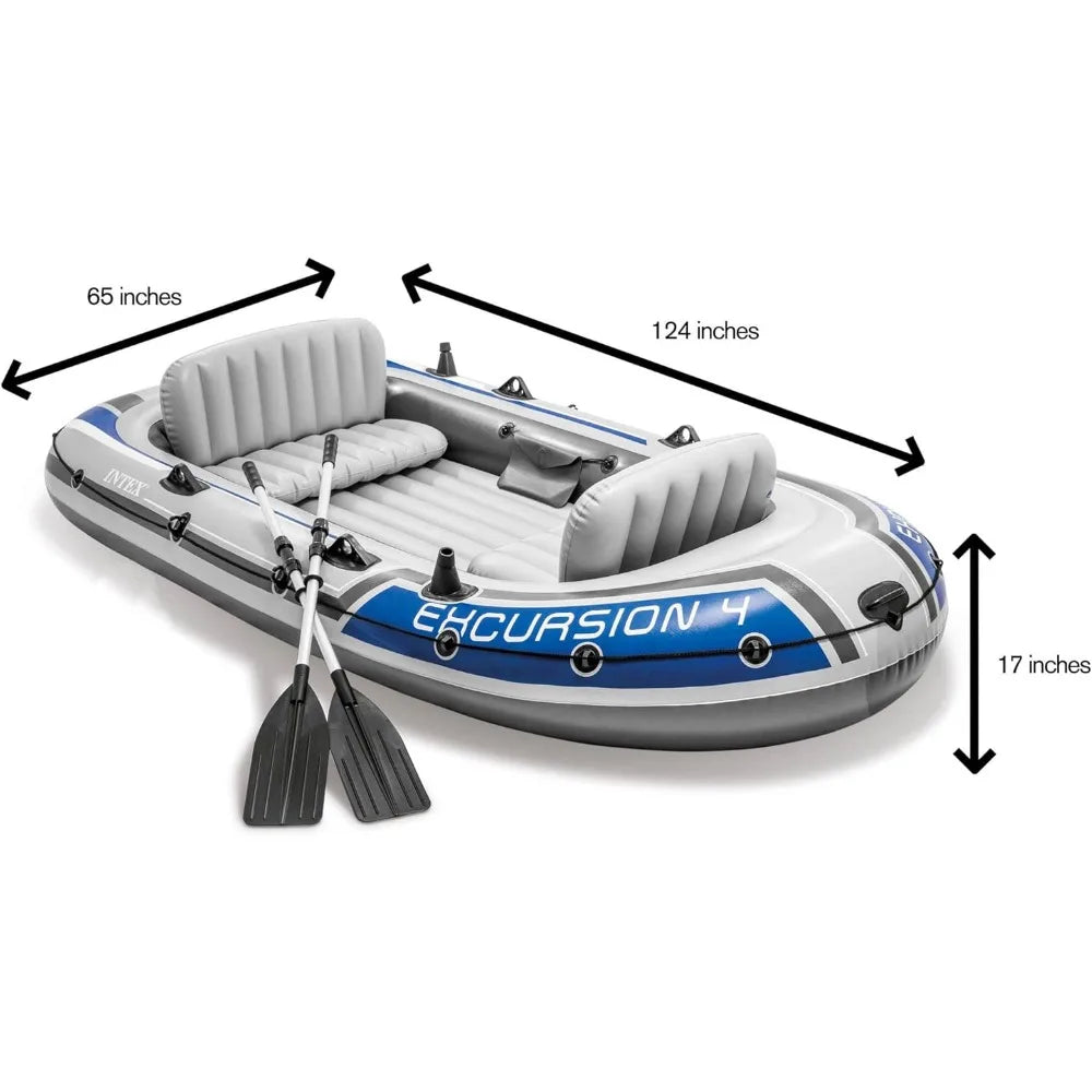 Excursion 4 Inflatable 4 Person Fishing Boat Raft Set with Motor Mount Kit for Rivers and Lakes