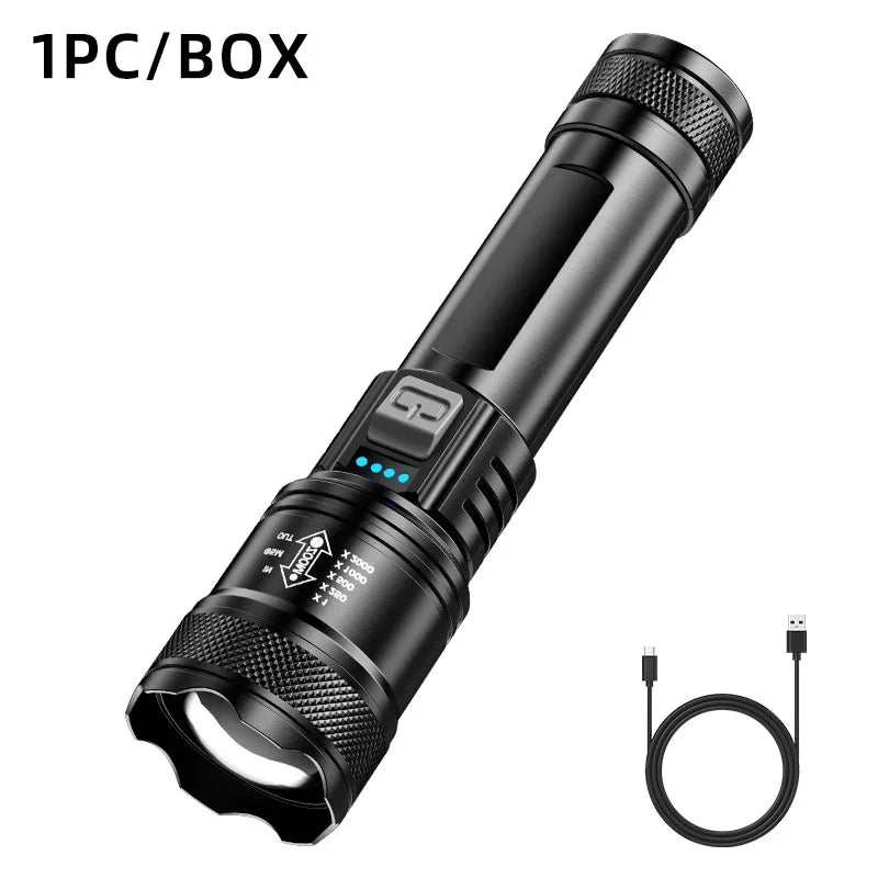 Powerful LED Flashlight with Battery Display USB Rechargeable Telescopic Zoom Torch Lamp for Outdoor Camping and Fishing
