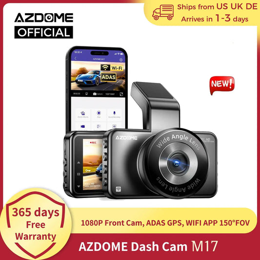 Azdome Dash Cam M17 1080P Front Camera with Built-in ADAS and GPS 24 Hour Parking Monitor Night Vision Car DVR with WIFI App 150 Degree FOV