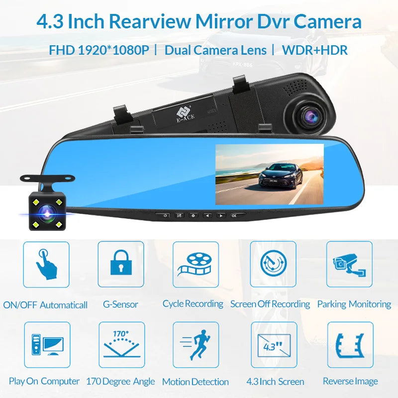 E-ACE Dash Cam 4.3 Inches Car DVR Rearview Mirror Driving Recorder Dual Lens Front and Rear Camera Black Box