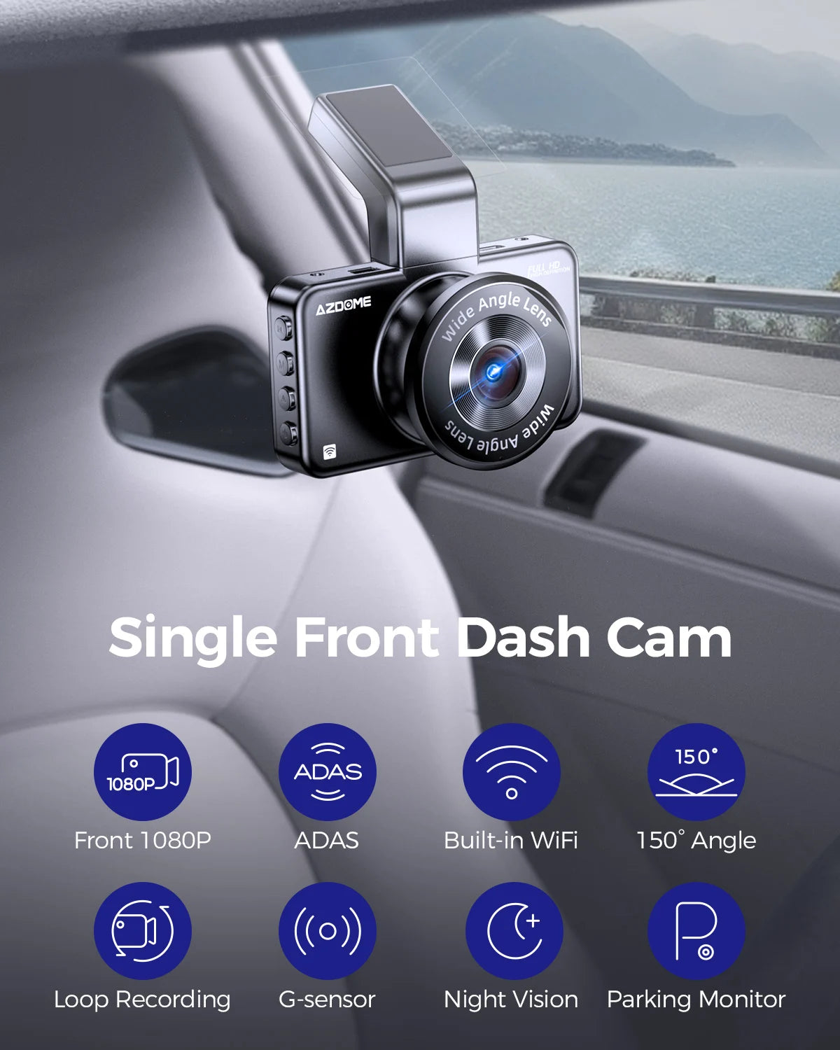 Azdome Dash Cam M17 1080P Front Camera with Built-in ADAS and GPS 24 Hour Parking Monitor Night Vision Car DVR with WIFI App 150 Degree FOV