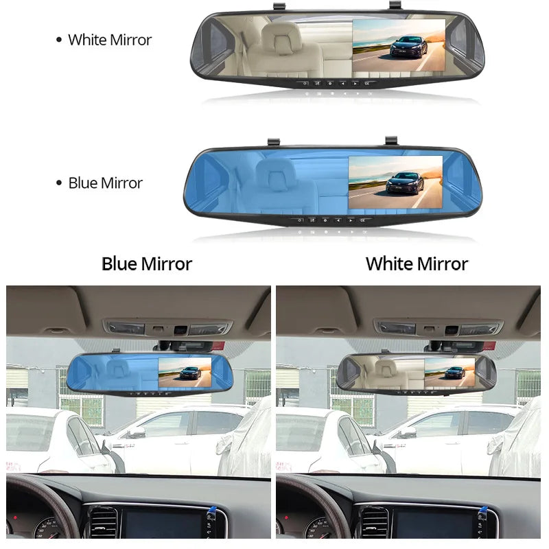 E-ACE Dash Cam 4.3 Inches Car DVR Rearview Mirror Driving Recorder Dual Lens Front and Rear Camera Black Box