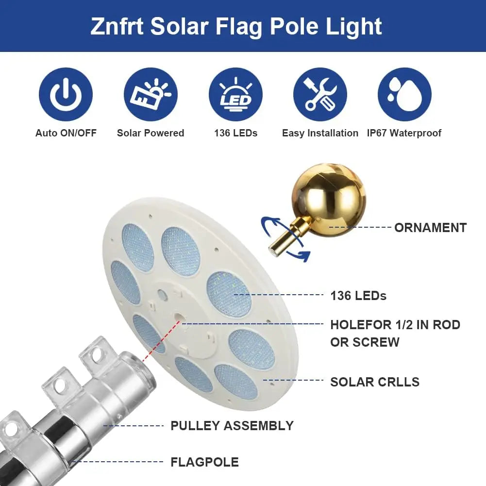 Solar Flag Pole Light with 136 LEDs Auto On Off Energy Saving Dusk to Dawn for 15 to 30 Feet Outdoor Use