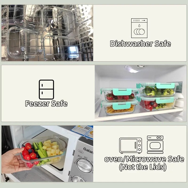 12 Pack Glass Storage Containers with Lids Leak Proof Meal Prep Containers Dishwasher Microwave Safe Mint Green