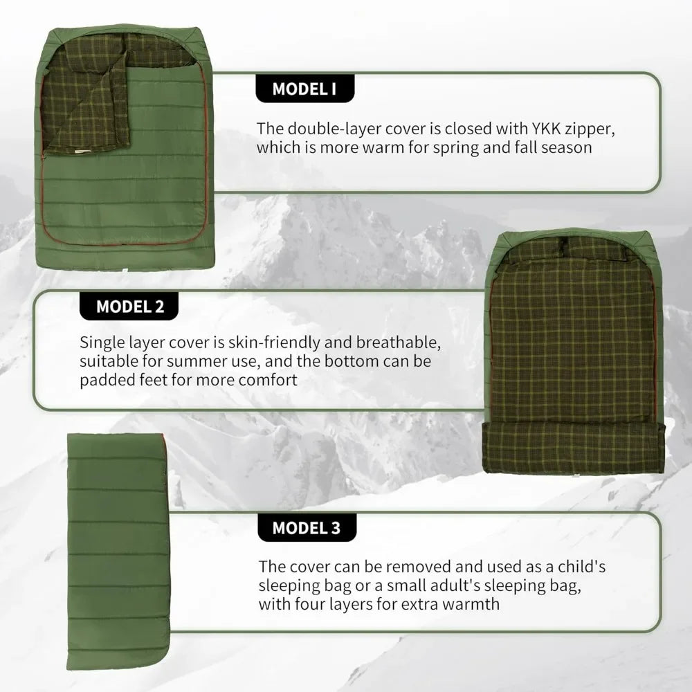 0 Degree Flannel Double Sleeping Bag for Couples and Families Ideal for Camping and Hiking in All Seasons